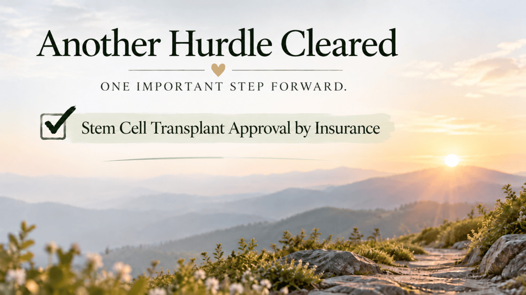 Graphic reading Another Hurdle Cleared with a green check mark beside Stem Cell Transplant Approval by Insurance over a sunrise mountain landscape.